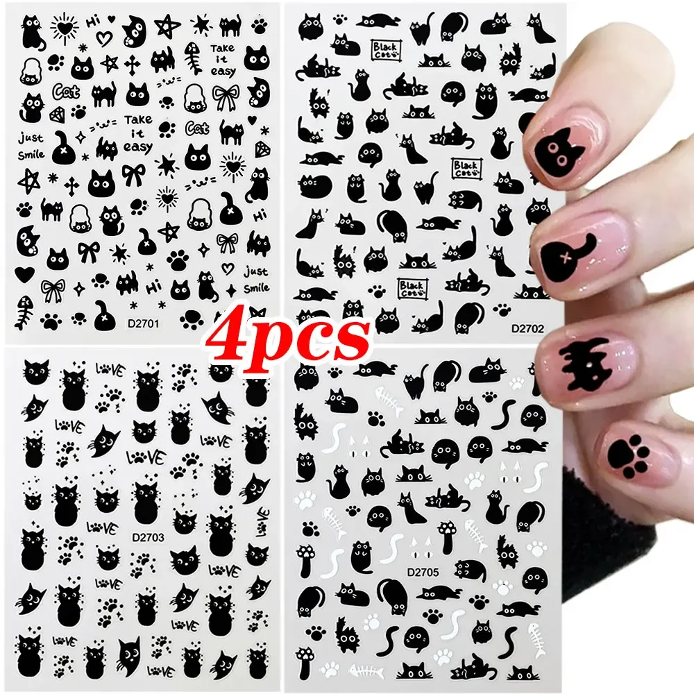 Autocollants pour ongles chat noir et nœud