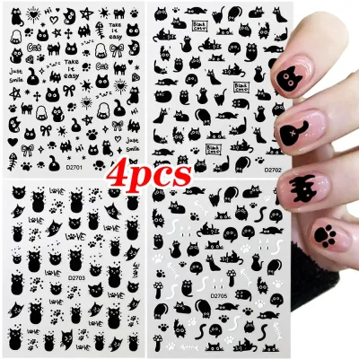 Autocollants pour ongles chat noir et nœud