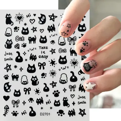 Autocollants pour ongles chat noir et nœud – image 2