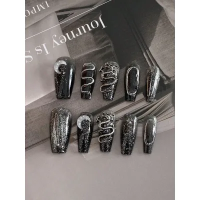 Faux ongles à presser noirs, forme cercueil