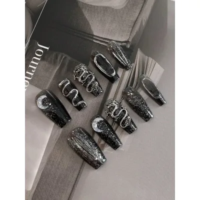 Faux ongles à presser noirs, forme cercueil – image 2