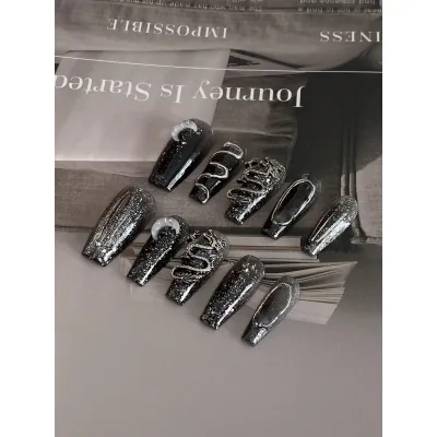 Faux ongles à presser noirs, forme cercueil – image 3