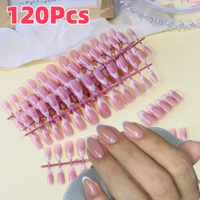 Faux ongles courts amande roses à bord blanc