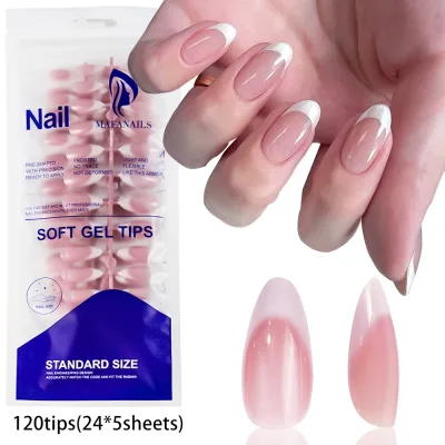 Faux ongles courts amande roses à bord blanc – image 2