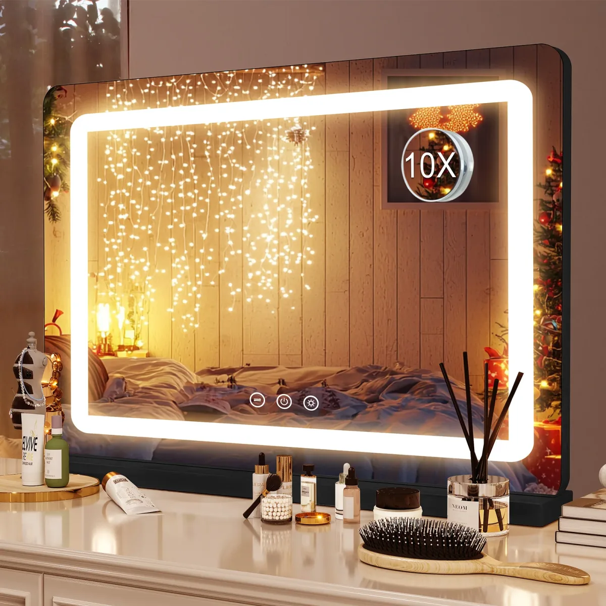Miroir de maquillage LED noir mat, tactile