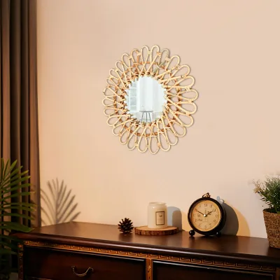 Miroir mural rond en rotin, couleur bois